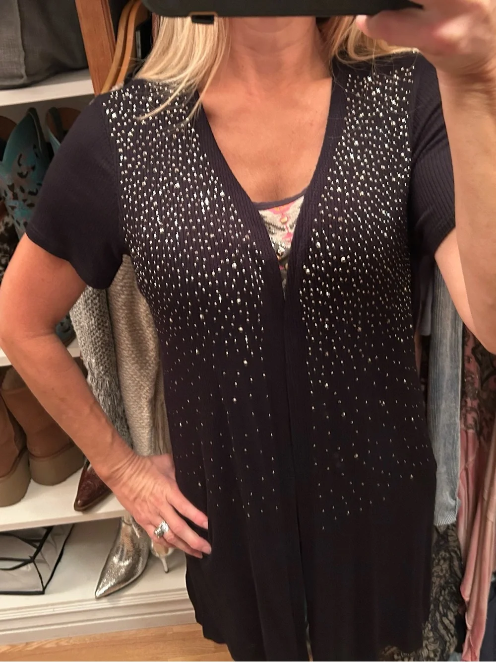 Vocal Studded Black Short-Sleeve Open Cardigan - Women's Top